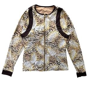 TOGS Women’s 10 Brown Gold Metallic Zebra Leopard Print Long Sleeve Zip Swim Top